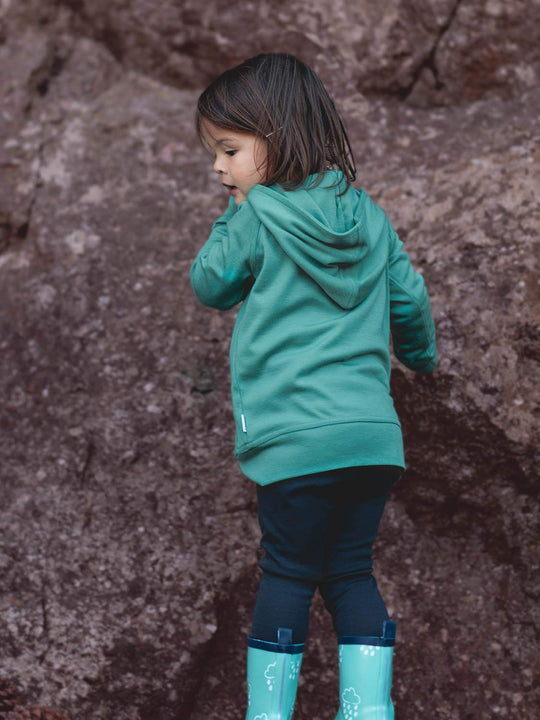 Kids merino hoodie green back #colour_wild-green