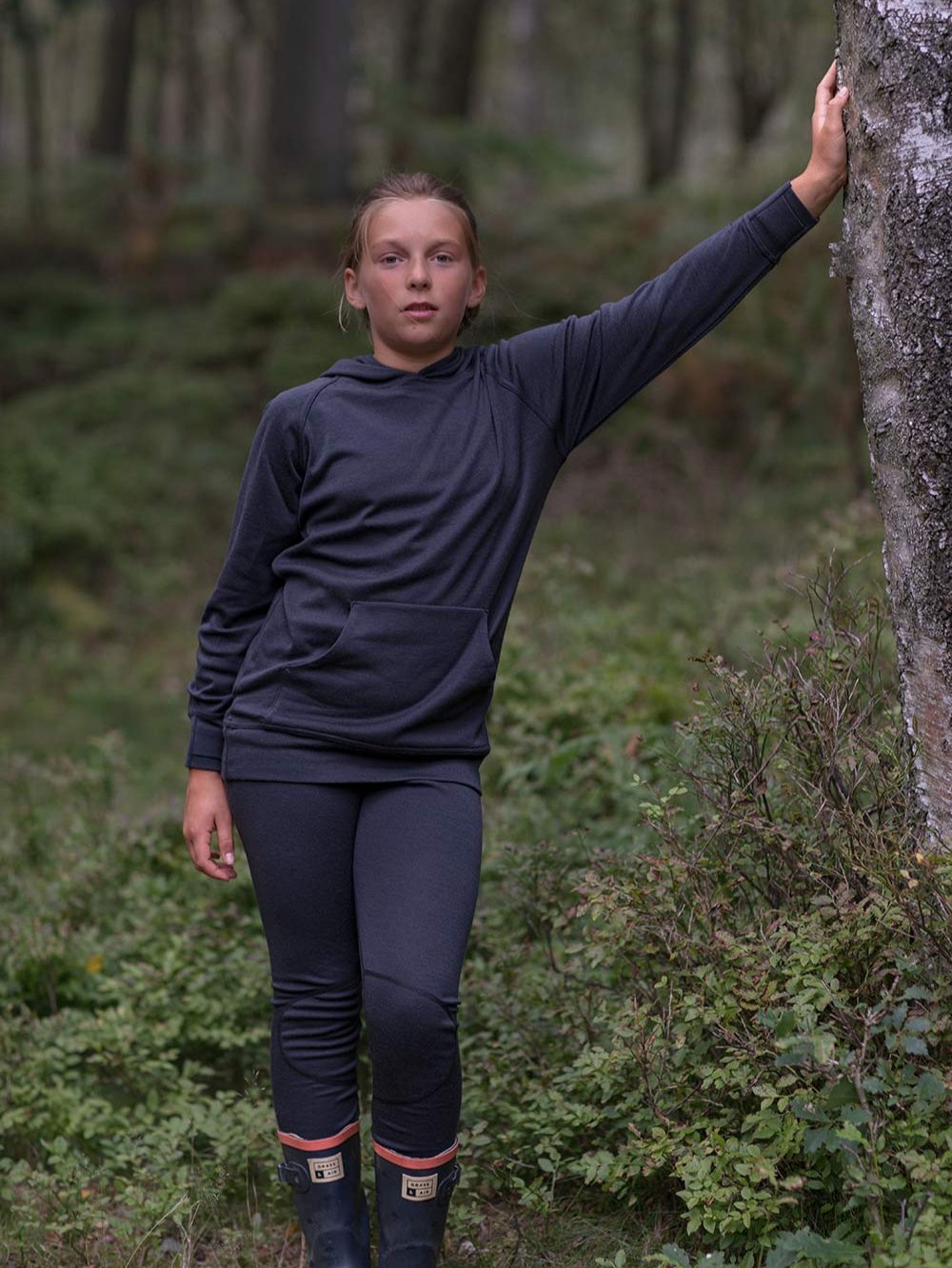 Kids merino hoodie black front teen girl #colour_ink