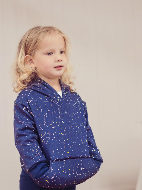 Kids Merino Reversible Hoody Superlove Merino navy stars front #colour_superstar