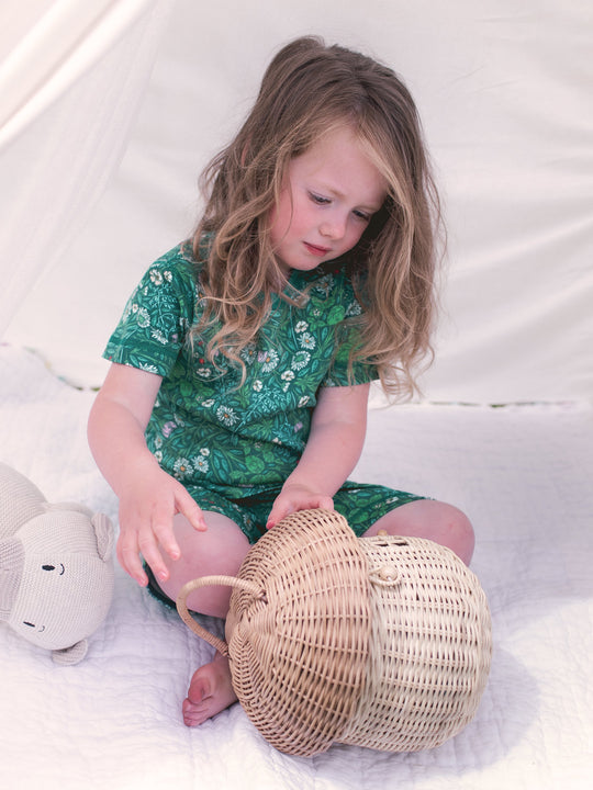 organic cotton kids shortie pyjama PJ sitting #colour_secret-garden