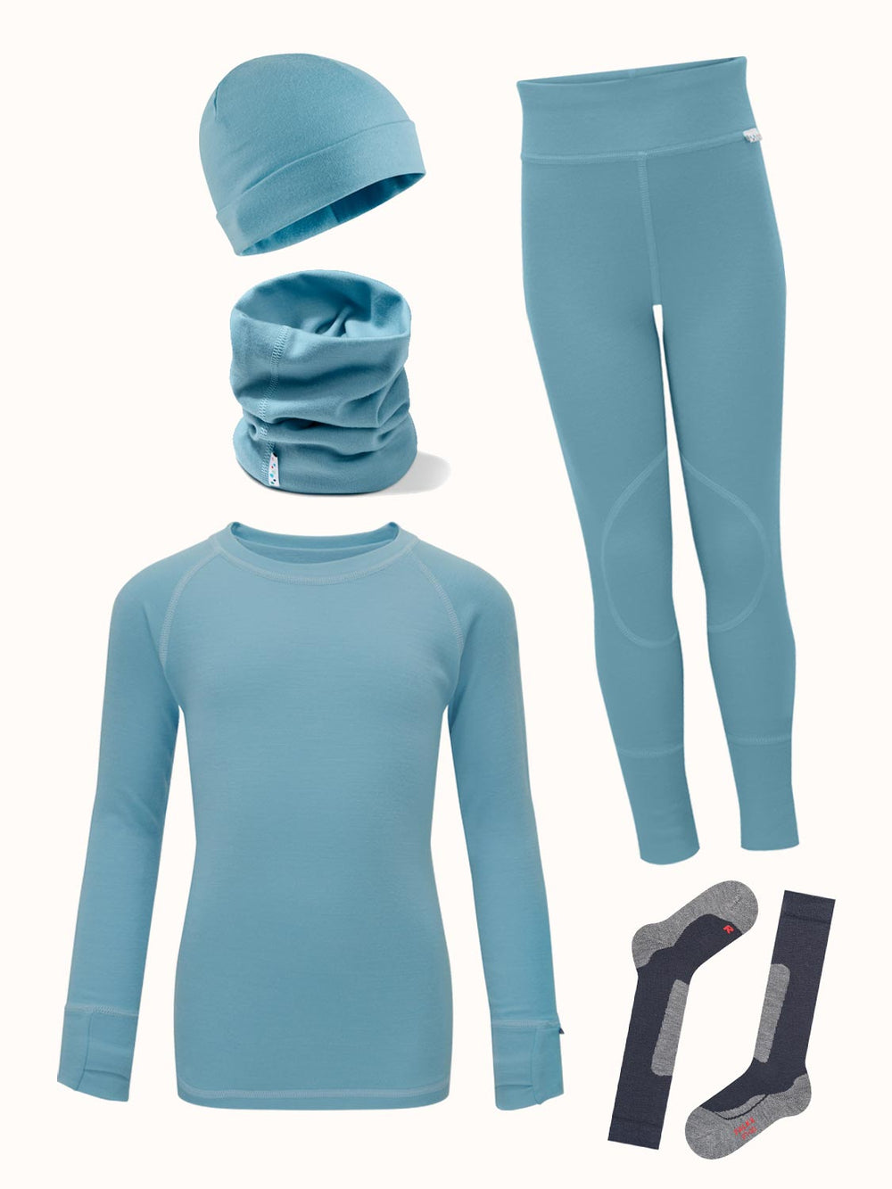 Merino kids thermal baselayer hat snood bundle blue #colour_raindrop