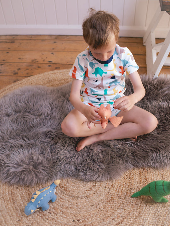 organic cotton kids shortie pyjama PJ above #colour_dinosaurs
