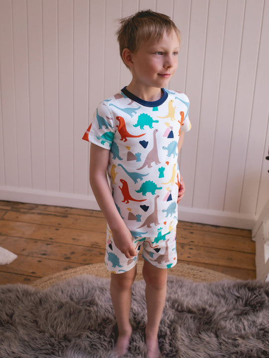 organic cotton kids shortie pyjama PJ side #colour_dinosaurs