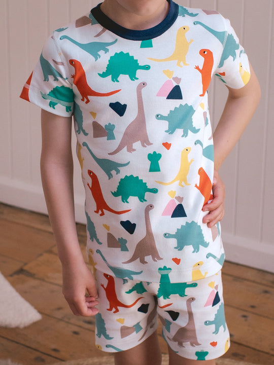 organic cotton kids shortie pyjama PJ front #colour_dinosaurs