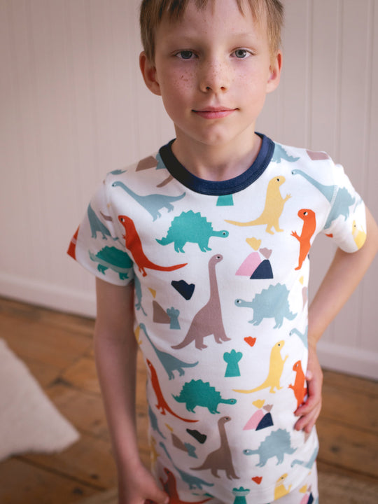 organic cotton kids shortie pyjama PJ closeup #colour_dinosaurs