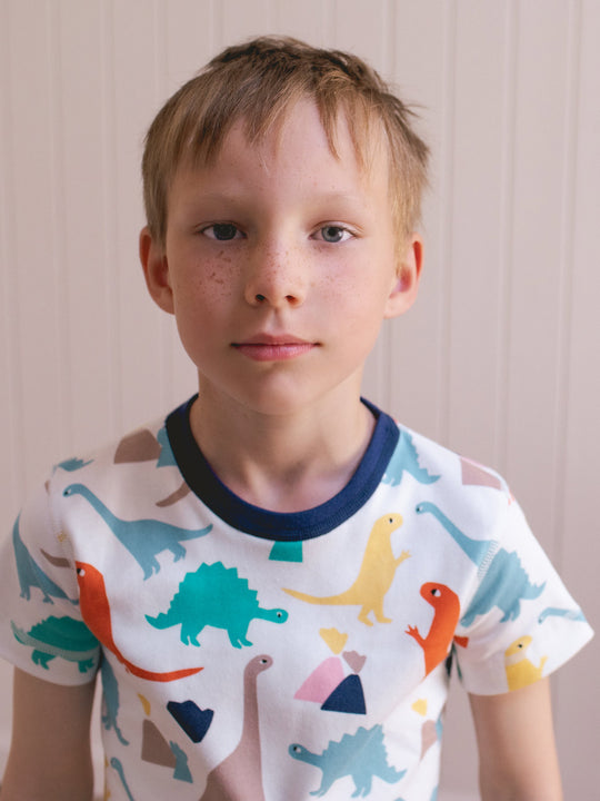organic cotton kids shortie pyjama PJ close #colour_dinosaurs