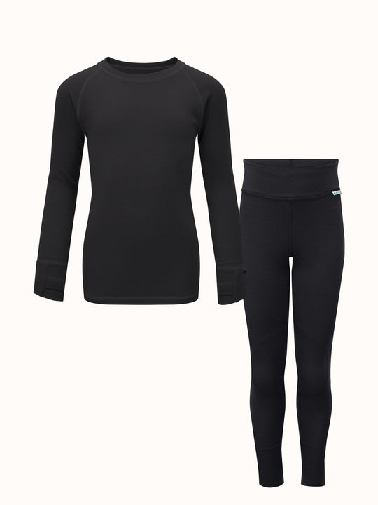 Merino wool kids thermal baselayer pyjama set in black #colour_ink