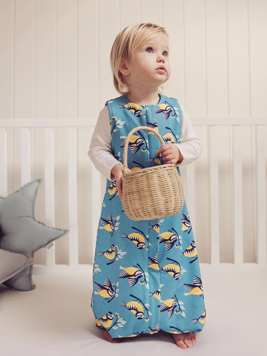 Merino toddler sleeping bag with feet bird print zip front #colour_blue-tit