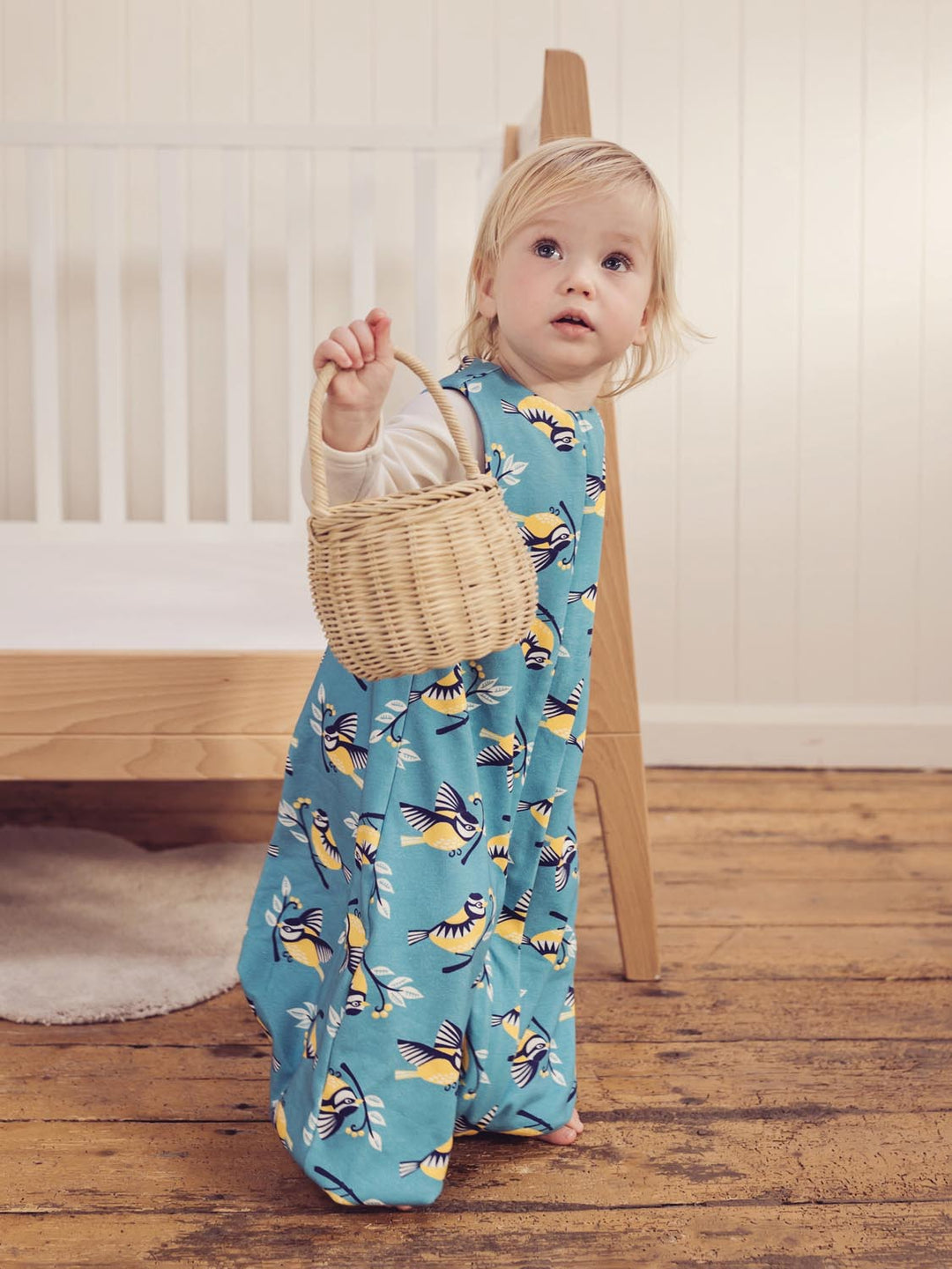 Merino toddler sleeping bag with feet bird print Side #colour_blue-tit