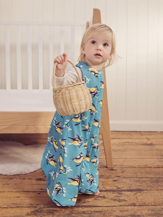 Merino toddler sleeping bag with feet bird print Side #colour_blue-tit