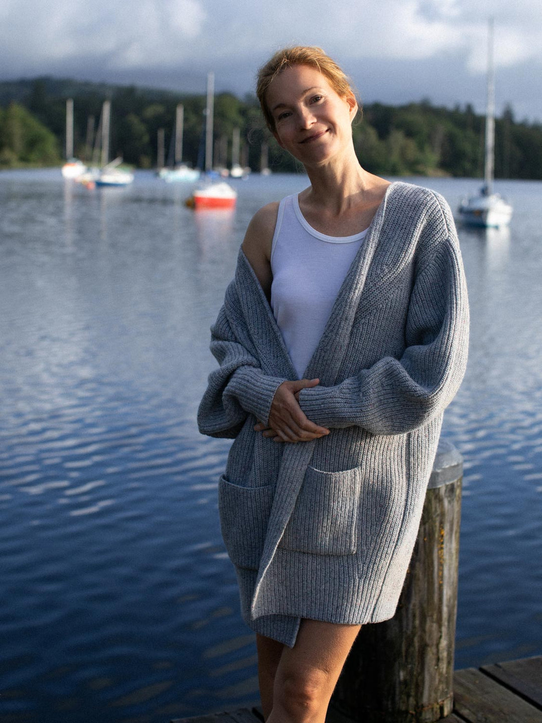 Merino wool womens slouchy cardigan rib knit warm #colour_stardust-grey