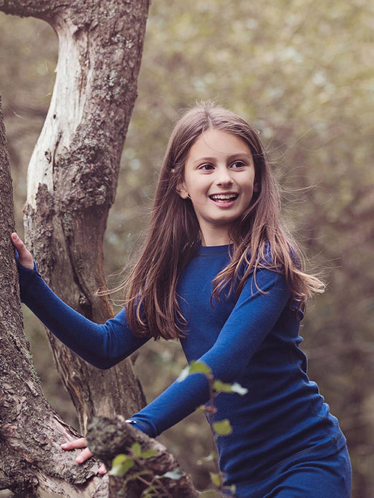 kids merino base layer navy top closeup #colour_french-navy