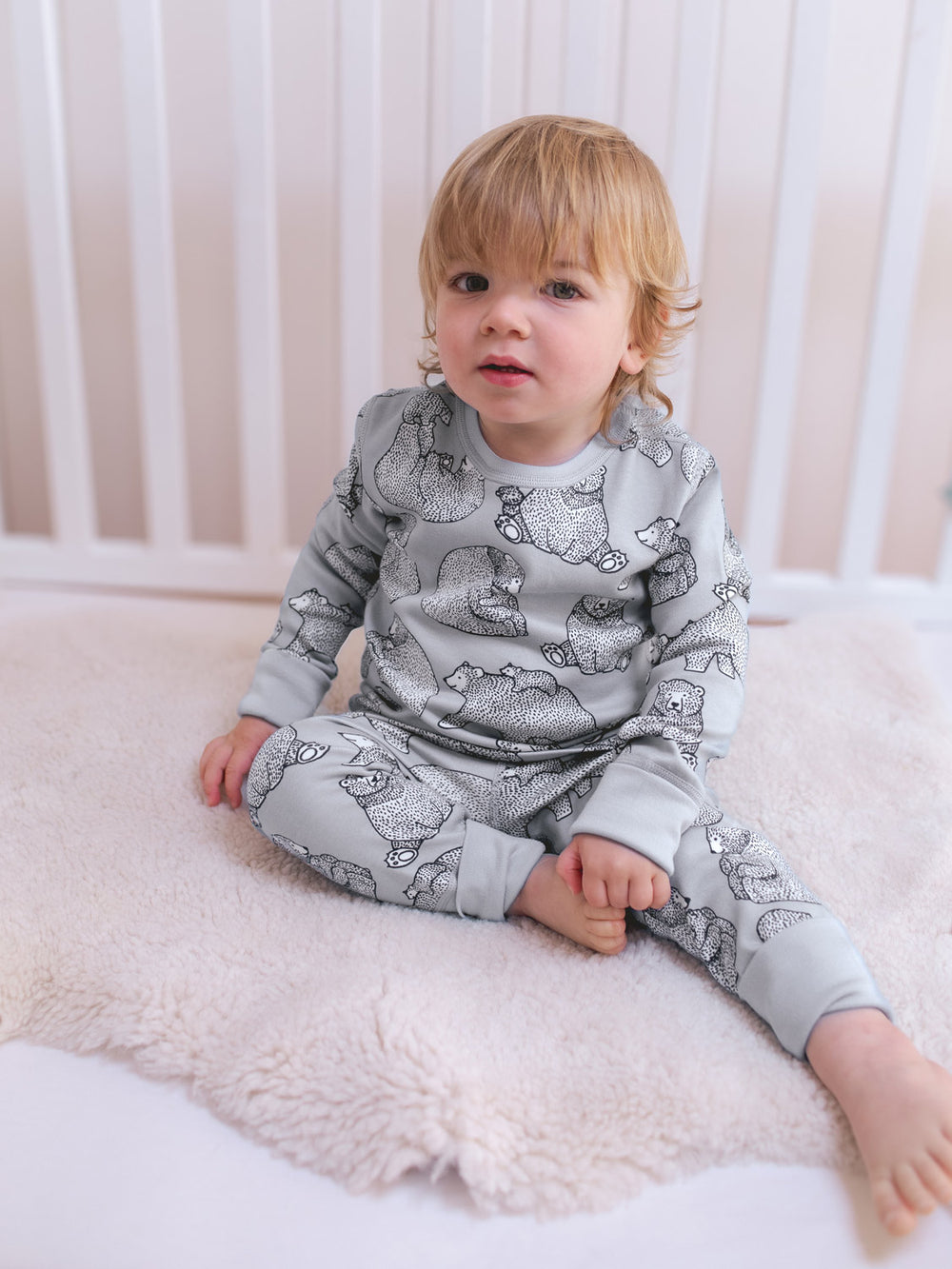 organic cotton kids pyjama PJ front #colour_bearhugs-cloud-grey