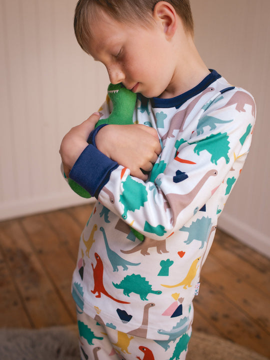 organic cotton kids pyjama PJ detail #colour_dinosaurs