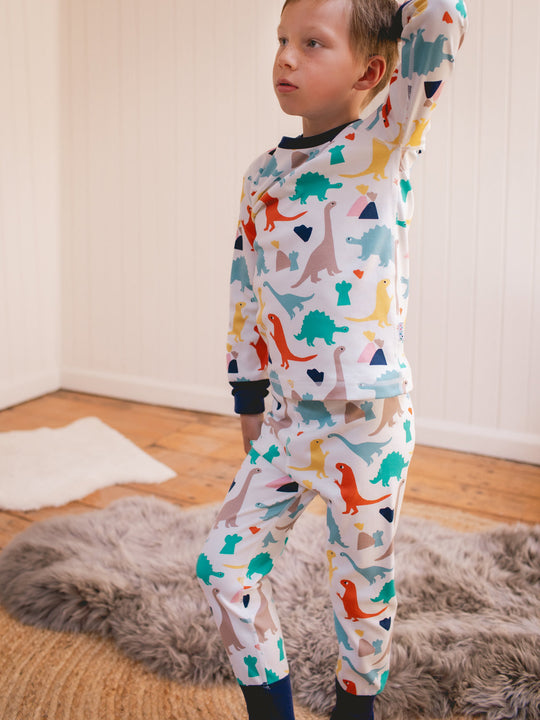 organic cotton kids pyjama PJ side #colour_dinosaurs