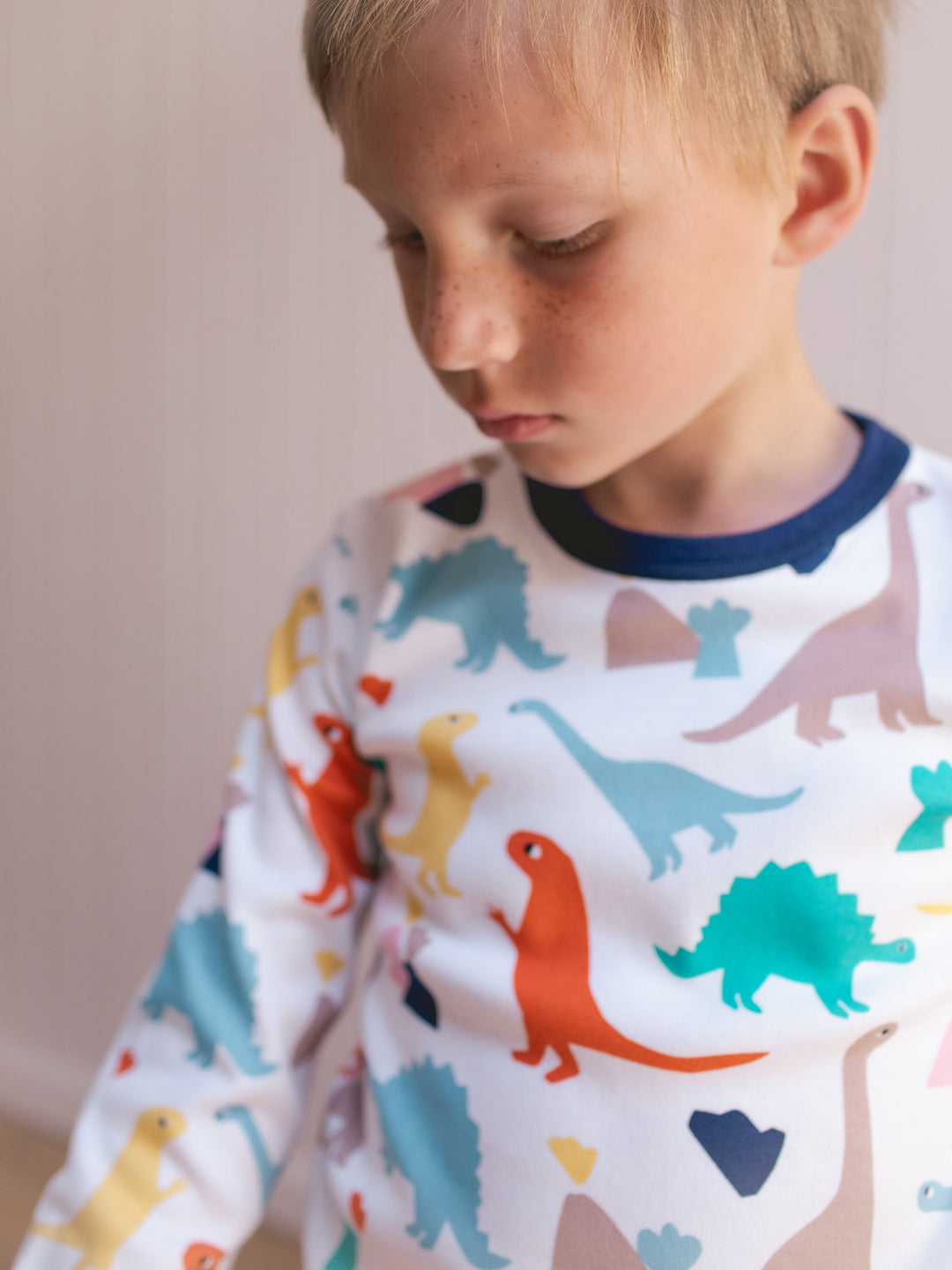 organic cotton kids pyjama PJ closeup #colour_dinosaurs