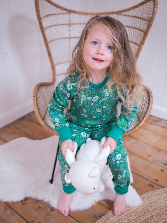 organic cotton kids pyjama PJ sitting #colour_secret-garden