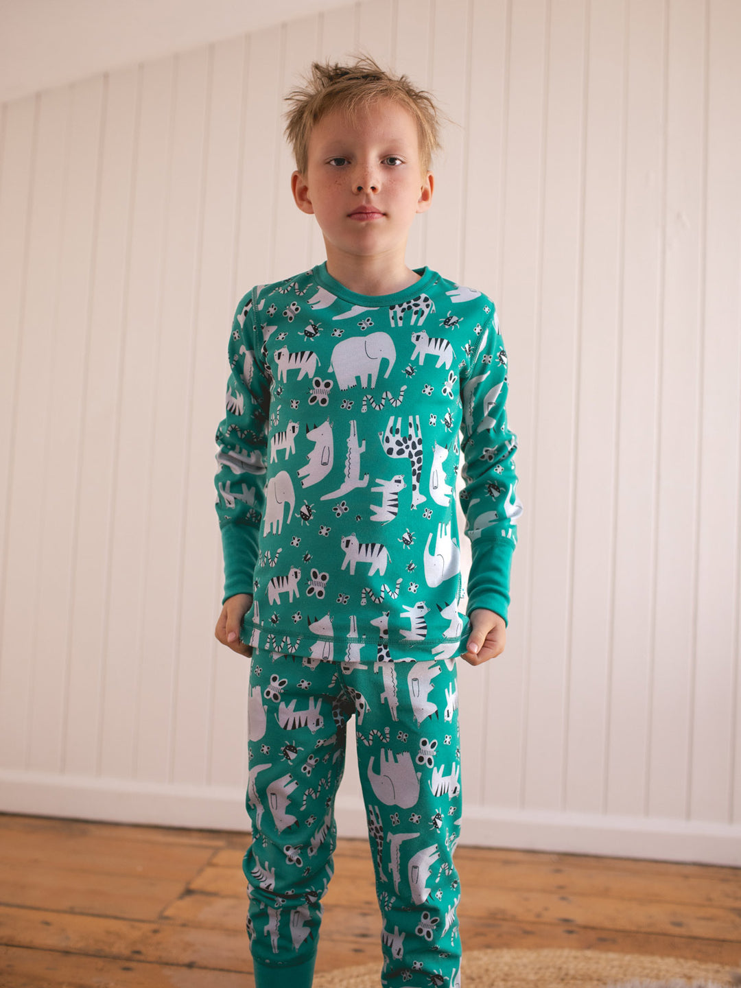 organic cotton kids pyjama PJ front #colour_on-safari