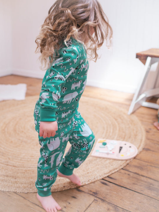 organic cotton kids pyjama PJ standing side #colour_on-safari