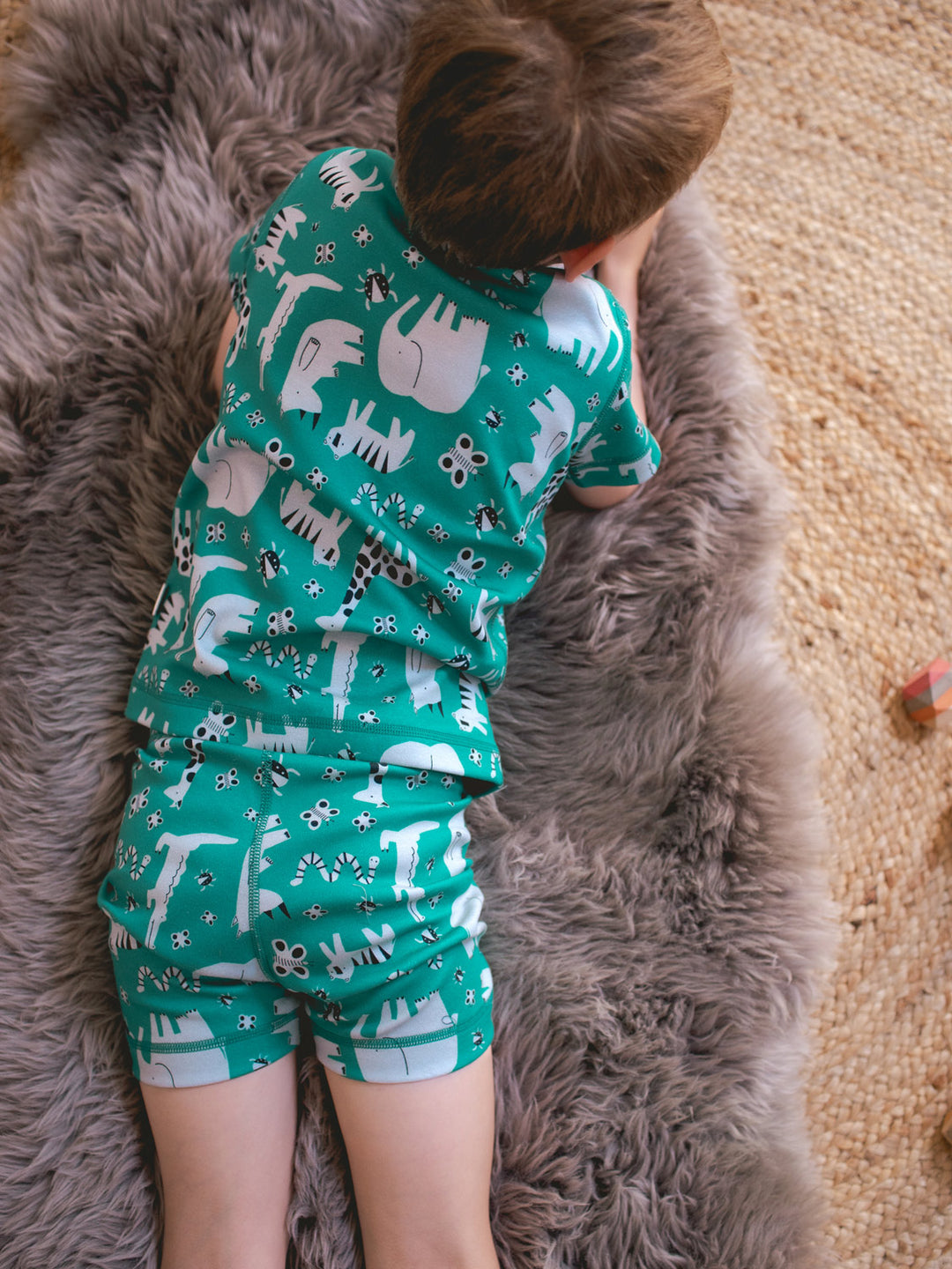 organic cotton kids shortie pyjama PJ back #colour_on-safari