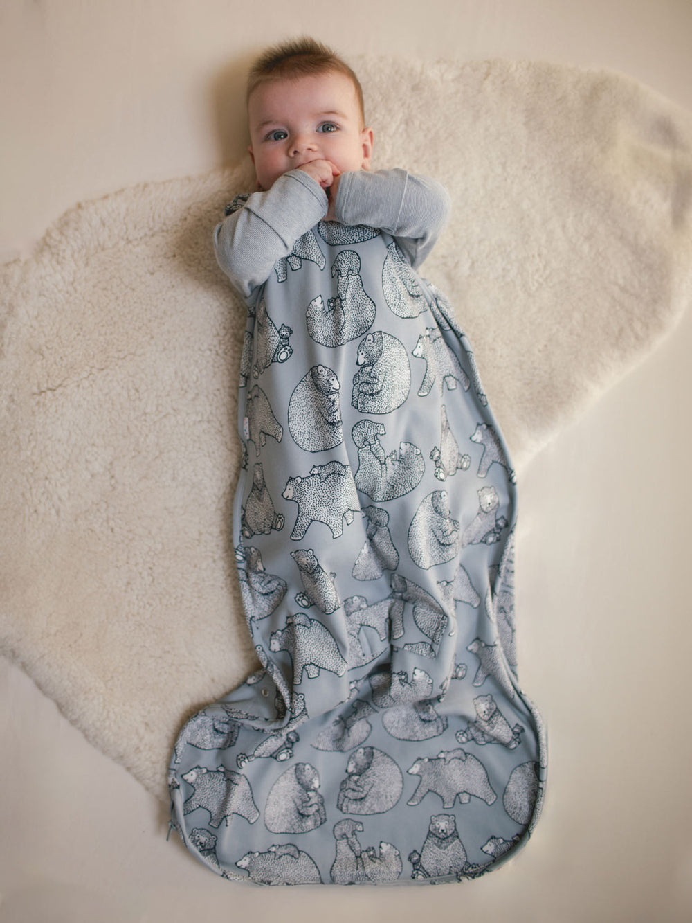 Merino baby sleeping bag grey bear front #colour_bearhugs-cloud