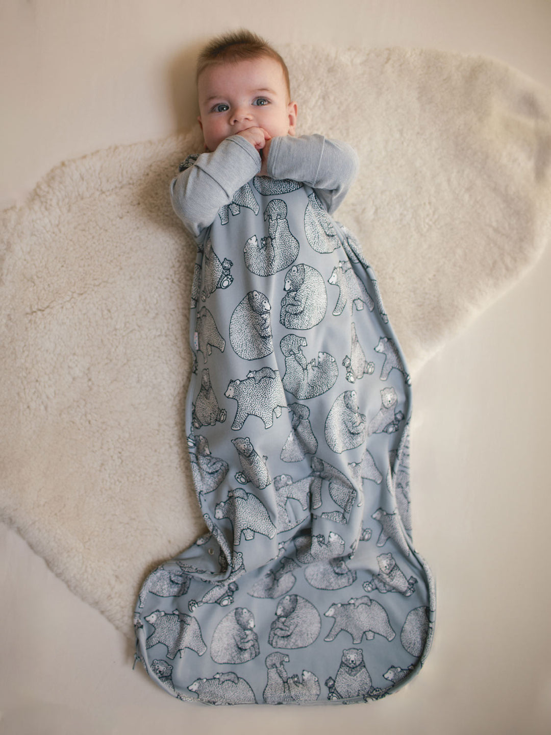 Merino baby sleeping bag grey bear front #colour_bearhugs-cloud
