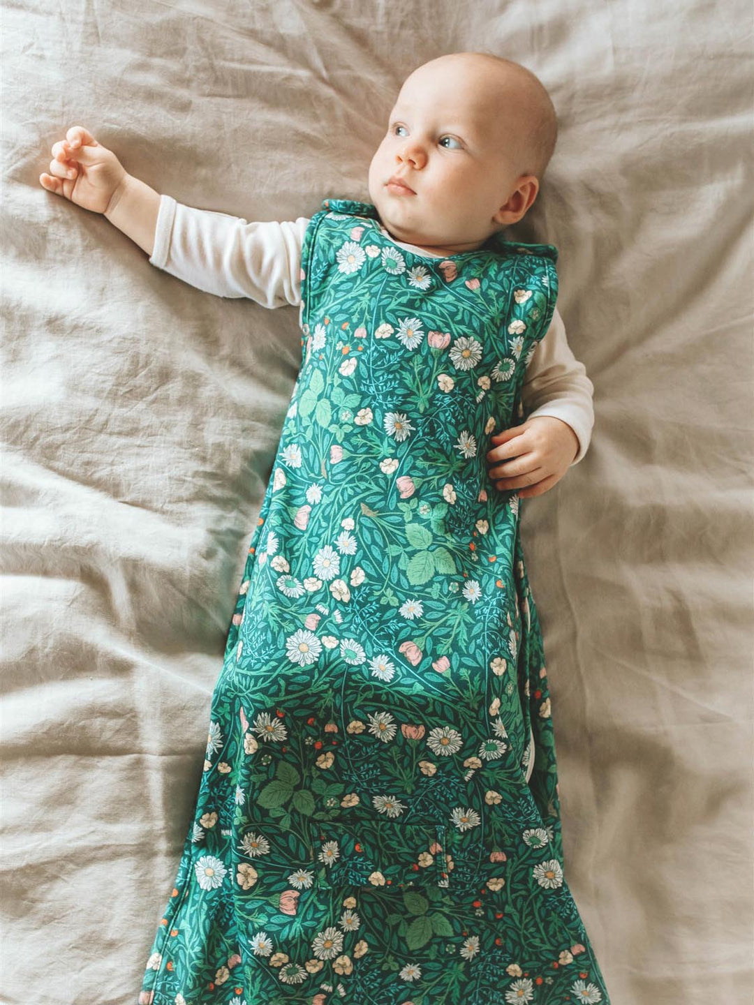 merino baby sleeping bag green floral front #colour_secret-garden
