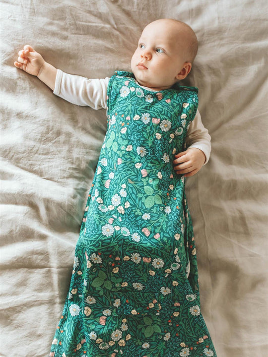 merino baby sleeping bag green floral front #colour_secret-garden