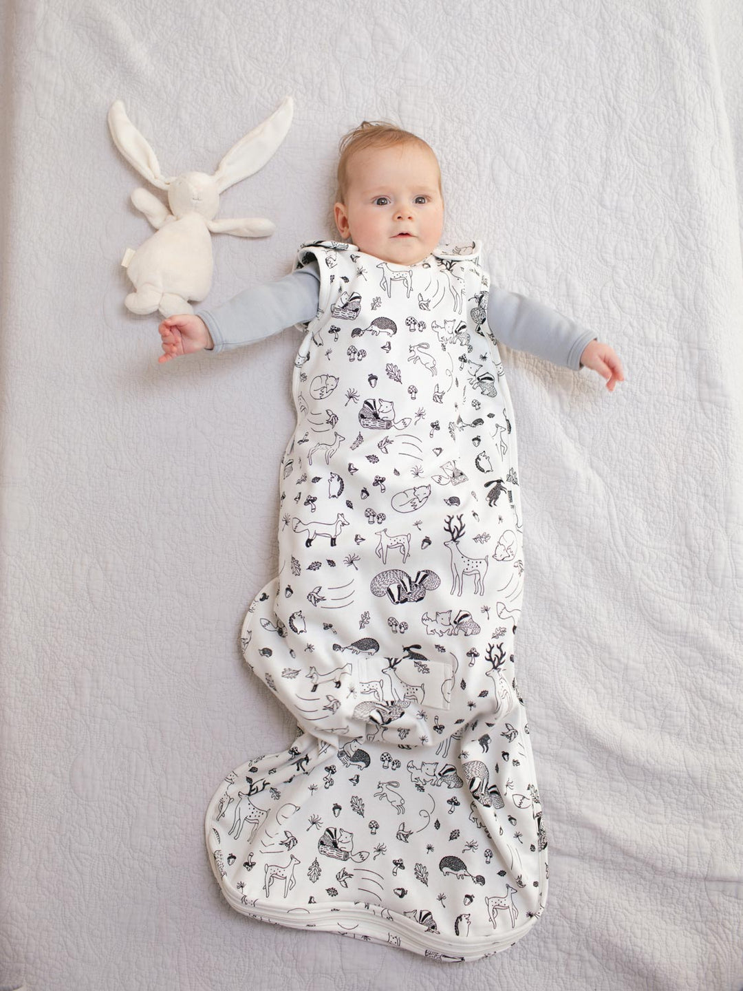 Merino baby sleeping bag woodland animal black white full length #colour_enchanted-forest