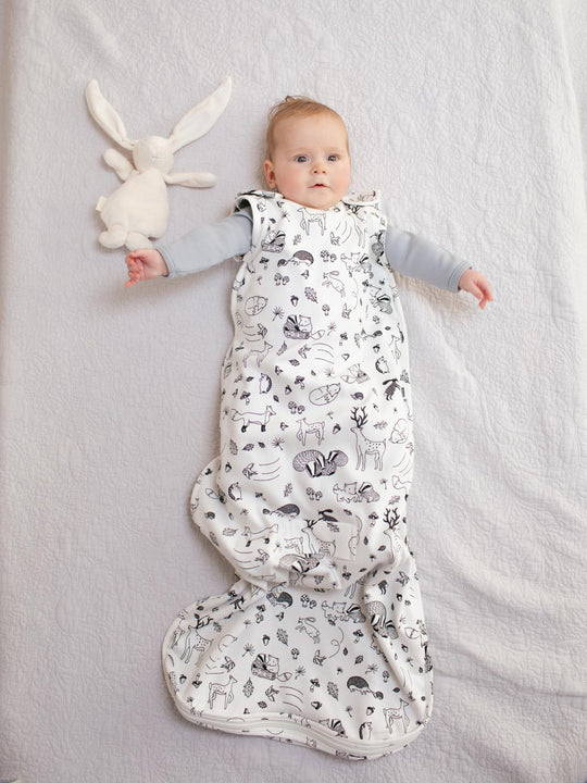 Merino baby sleeping bag woodland animal black white full length #colour_enchanted-forest