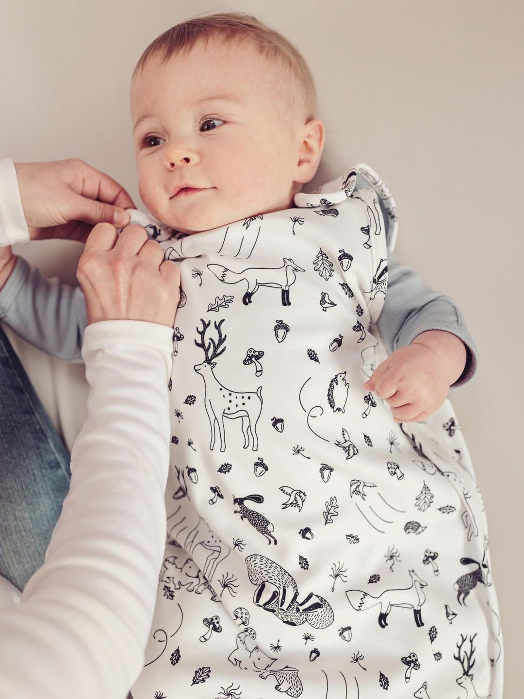 Merino baby sleeping bag woodland animal black white #colour_enchanted-forest
