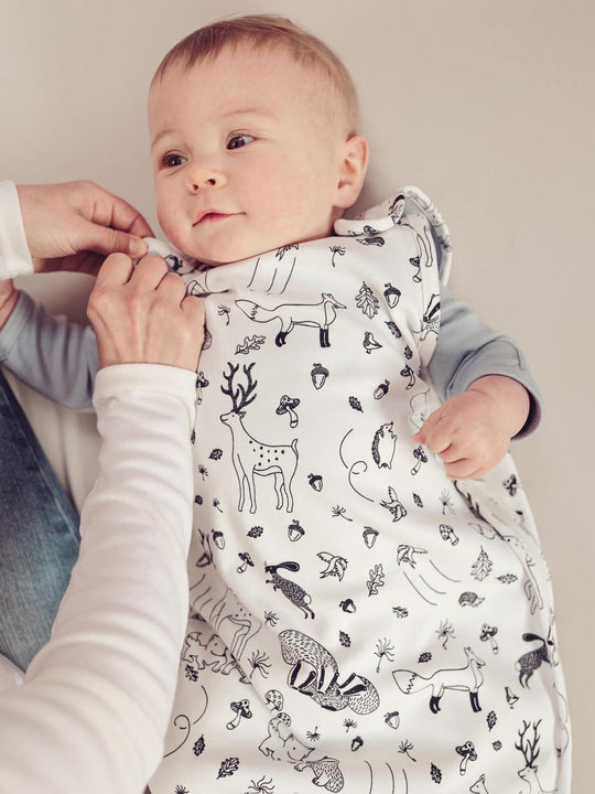 Merino baby sleeping bag woodland animal black white #colour_enchanted-forest