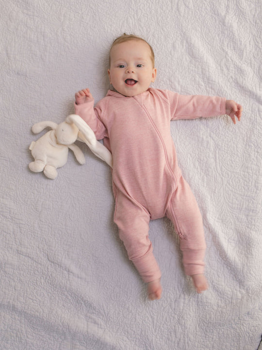 merino baby sleepsuit pink front superlove #colour_vintage-rose-melange