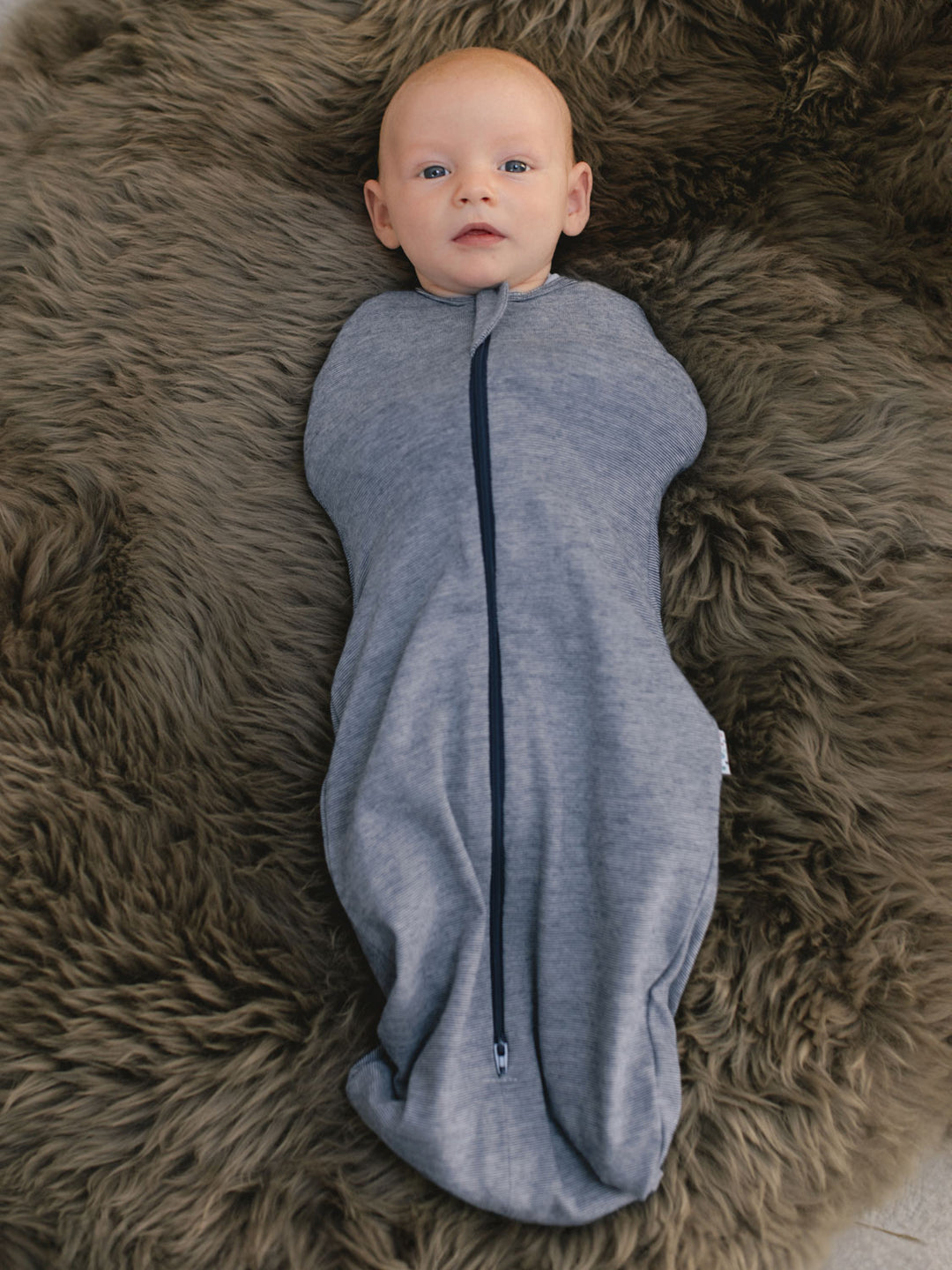 merino organic cotton baby zip swaddle front superlove navy blue detail #colour_french-navy-melange