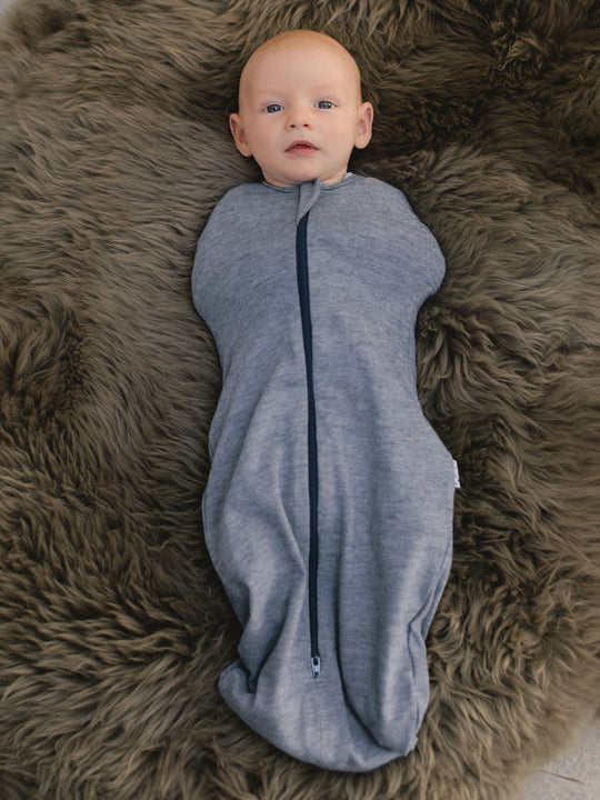 merino organic cotton baby zip swaddle front superlove navy blue detail #colour_french-navy-melange