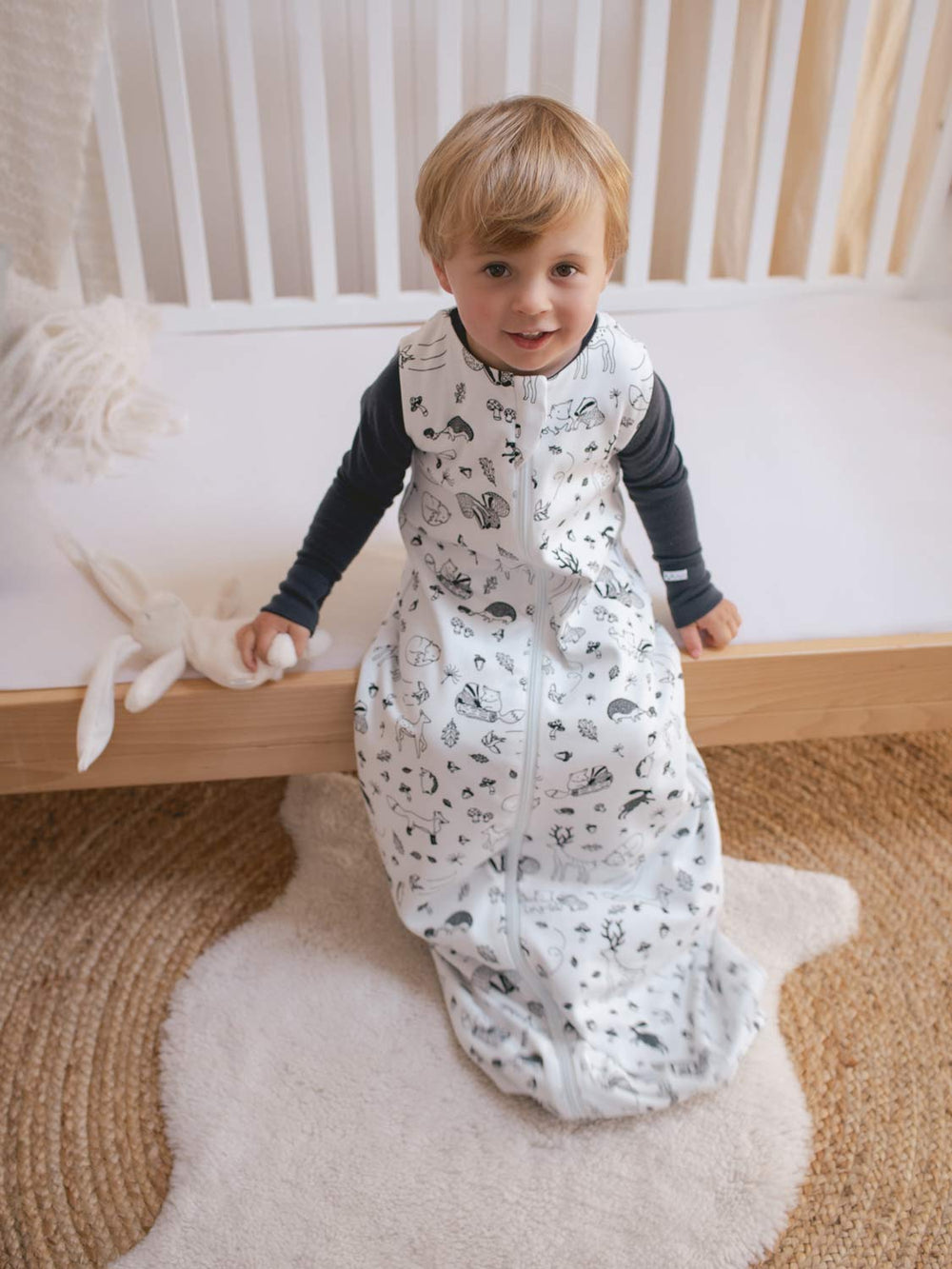 Merino toddler sleeping bag Superlove Merino woodland animal front #colour_enchanted-forest