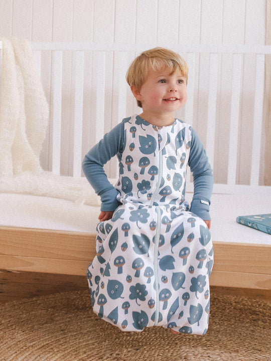 Merino toddler sleeping bag with feet woodland mushroom toadstool print  sitting #colour_woodfolk