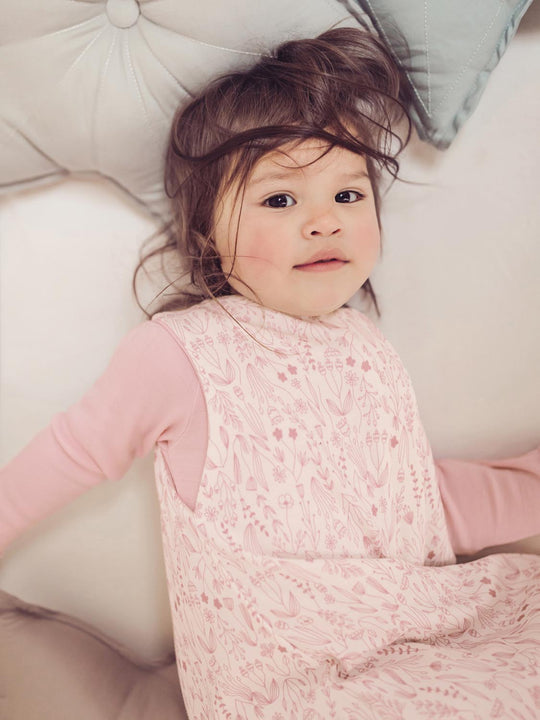 Merino toddler sleeping bag pink floral closeup  #colour_millefleur