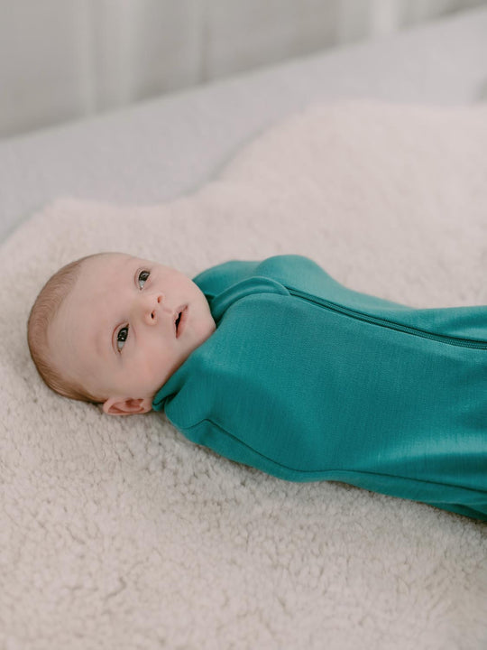 newborn baby merino zip swaddle green detail #colour_wild-green