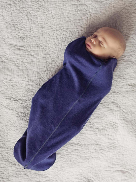 newborn baby merino zip swaddle navy front #colour_french-navy