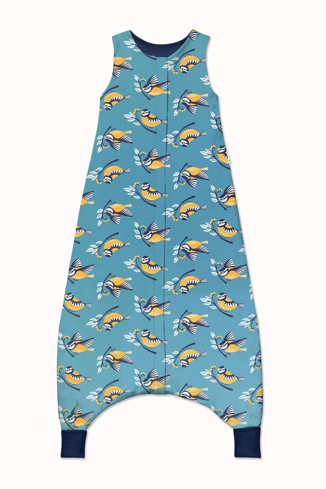Merino toddler sleeping bag with feet bird print full length zip #colour_blue-tit