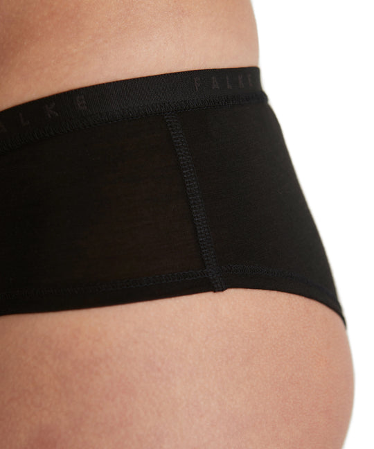 Merino wool womens hipster briefs seamless underpants black close up #colour_black