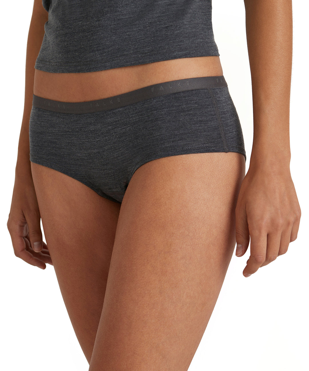 Merino wool womens hipster briefs seamless underpants grey front #colour_dark-grey-heather