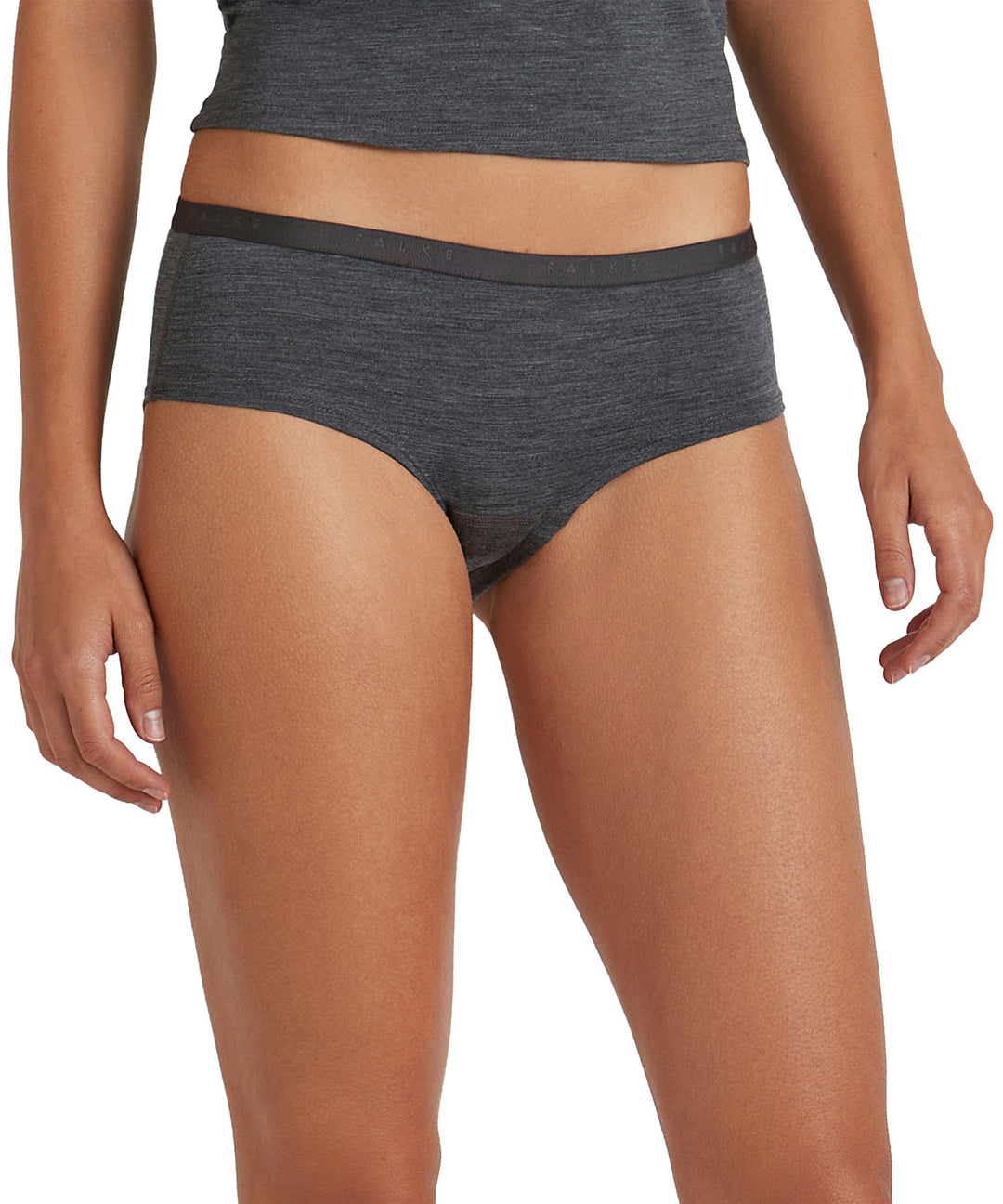 Merino wool womens hipster briefs seamless underpants grey front close #colour_dark-grey-heather