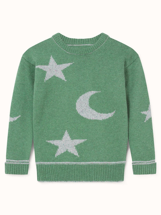 forest green merino wool baby toddler and kids knitted sweater gift hand knitted with star and moon design still #colour_celestine