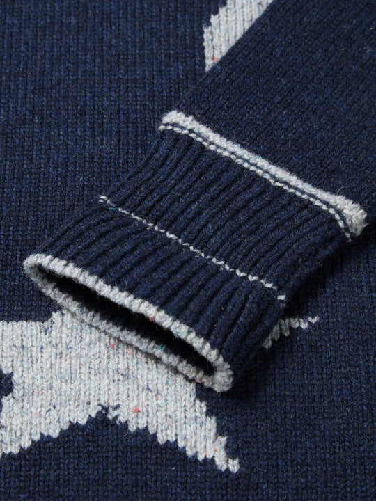 Navy blue merino wool kids knitted sweater gift hand knitted with star and moon size adjustable arms #colour_nocturne