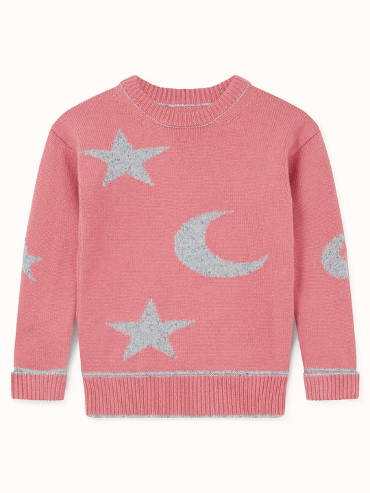 pink girls merino wool baby toddler and kids knitted sweater gift hand knitted with star and moon design still #colour_aurora