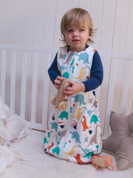 Merino toddler sleeping bag with feet dinosaur print front baby #colour_dinosaurs