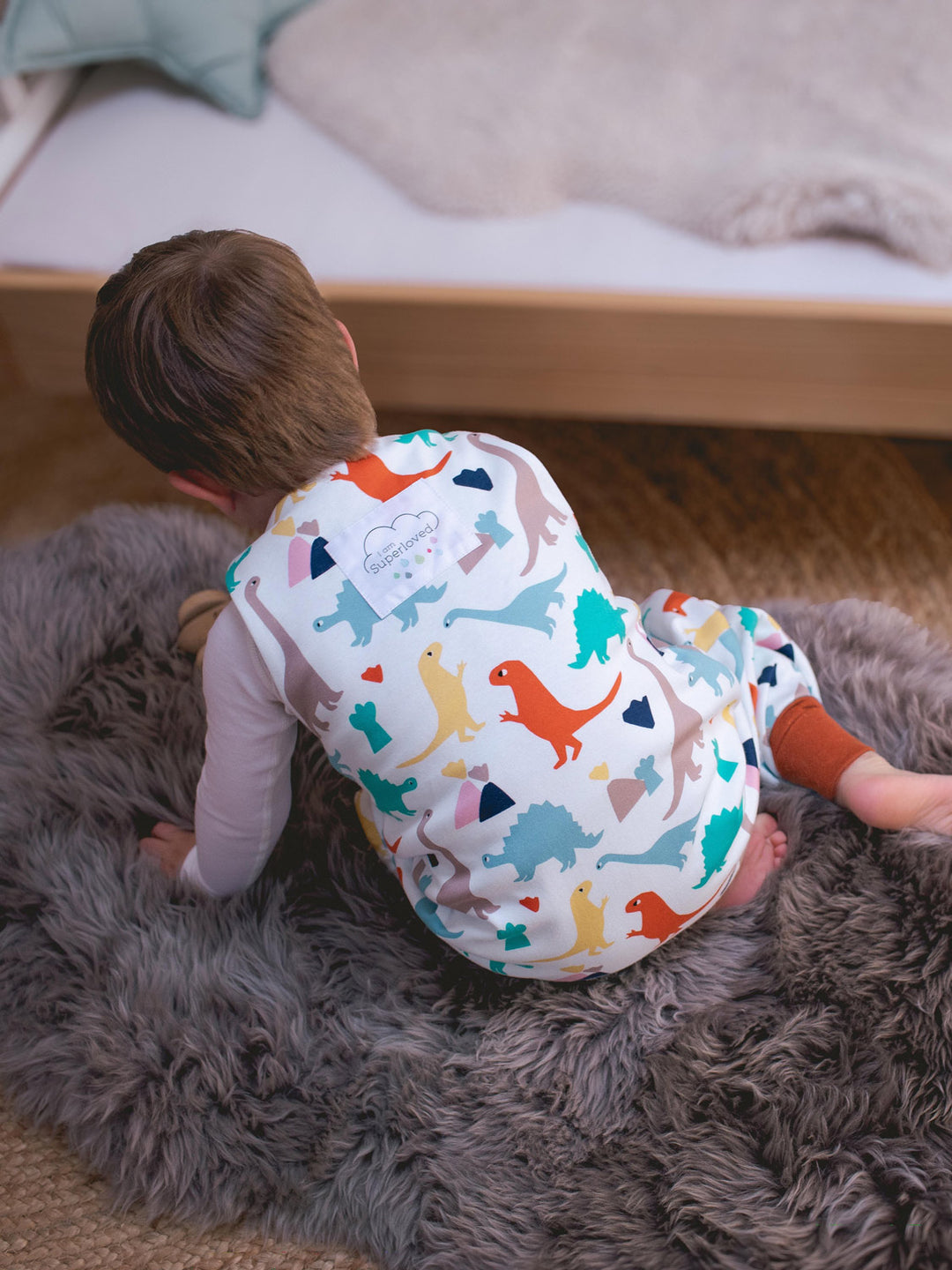 Merino toddler sleeping bag with feet dinosaur print back #colour_dinosaurs