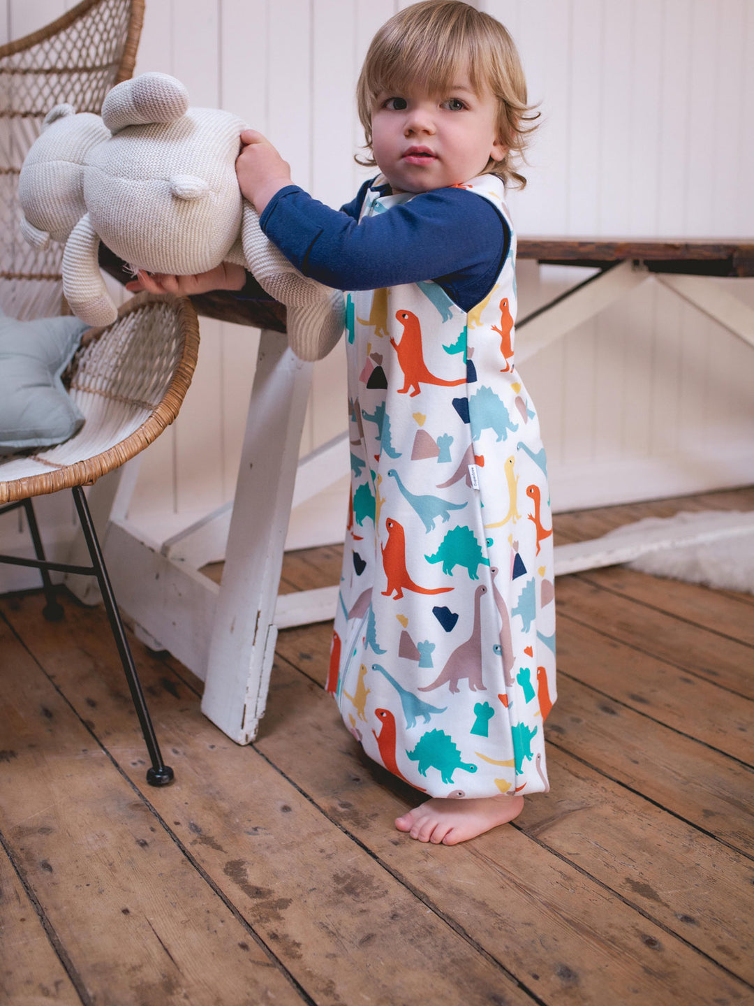 Merino toddler sleeping bag with feet dinosaur print side #colour_dinosaurs